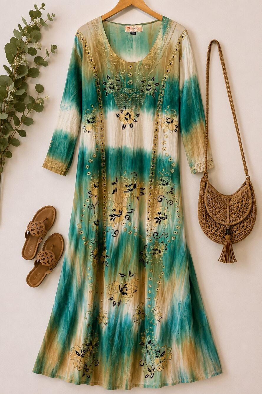 Miss Mar Mar Large Boho Maxi Dress Teal Gold Embroidered Floral Y2K